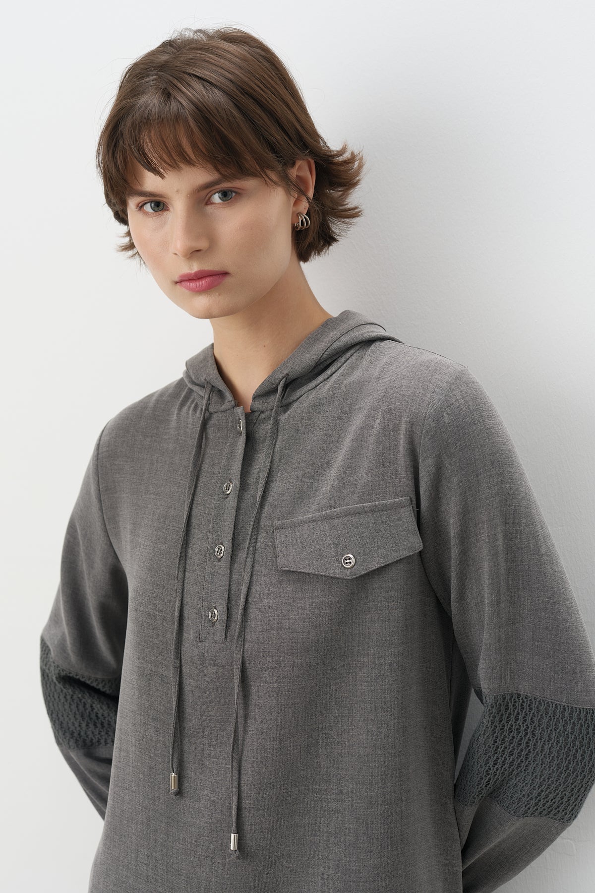 Pants Tunic Set with Mesh and Lace Detail Sleeves - Smoke Grey