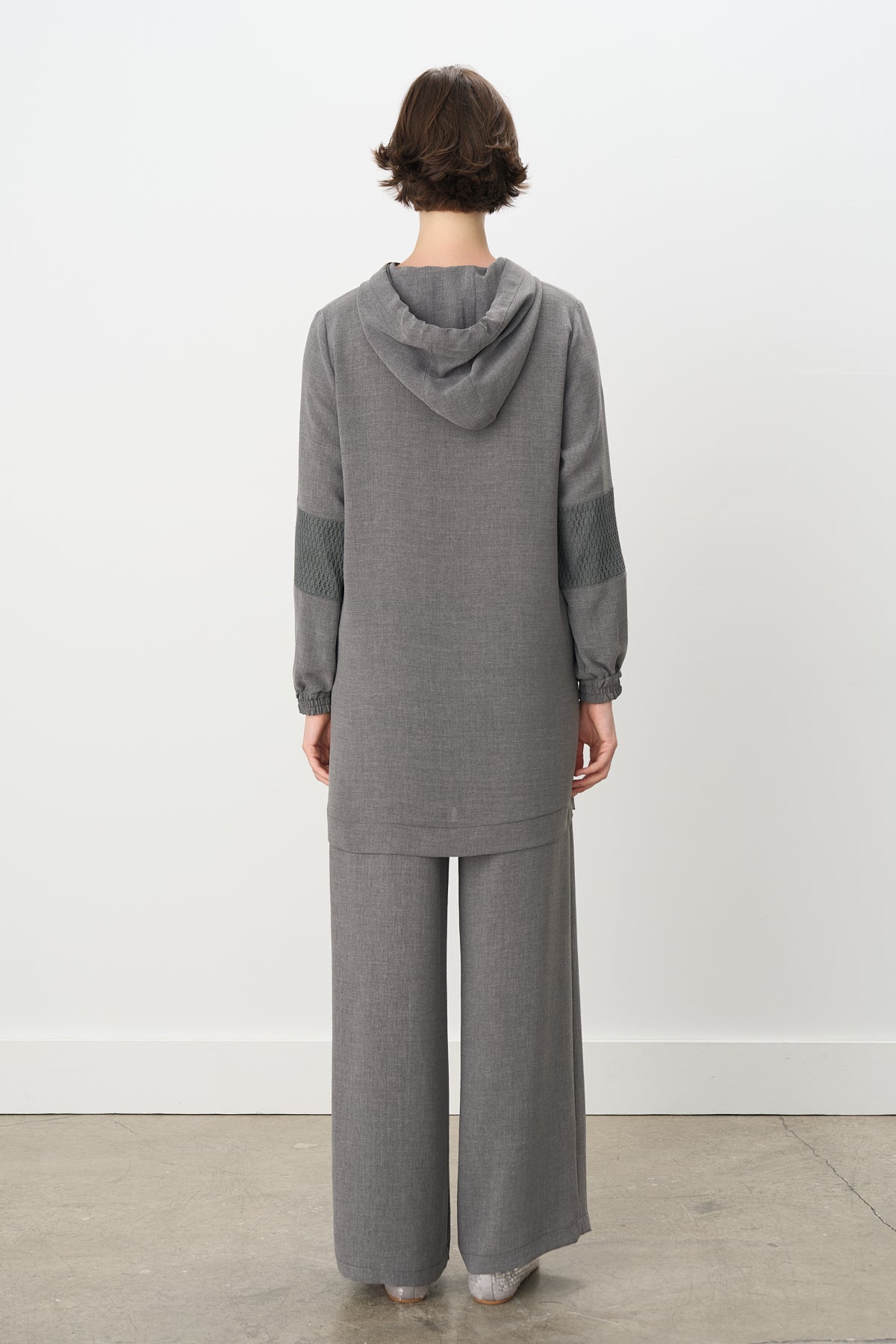 Pants Tunic Set with Mesh and Lace Detail Sleeves - Smoke Grey