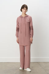 Rose-Pink Tunic and Trousers Set with Mesh and Lace Sleeves