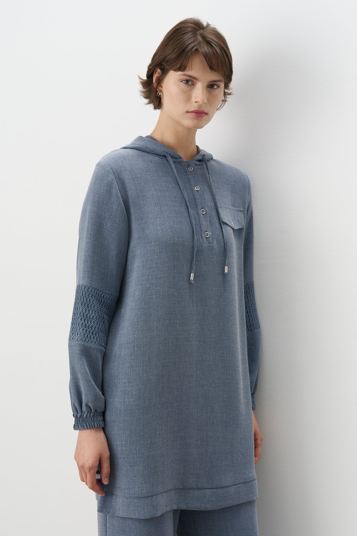 Pants Tunic Set with Tulle and Lace Details on Arms - Indigo