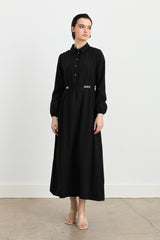 Viscose Collared Dress with Elasticated Cuffs and Front Buttons - Black