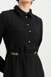 Viscose Collared Dress with Elasticated Cuffs and Front Buttons - Black