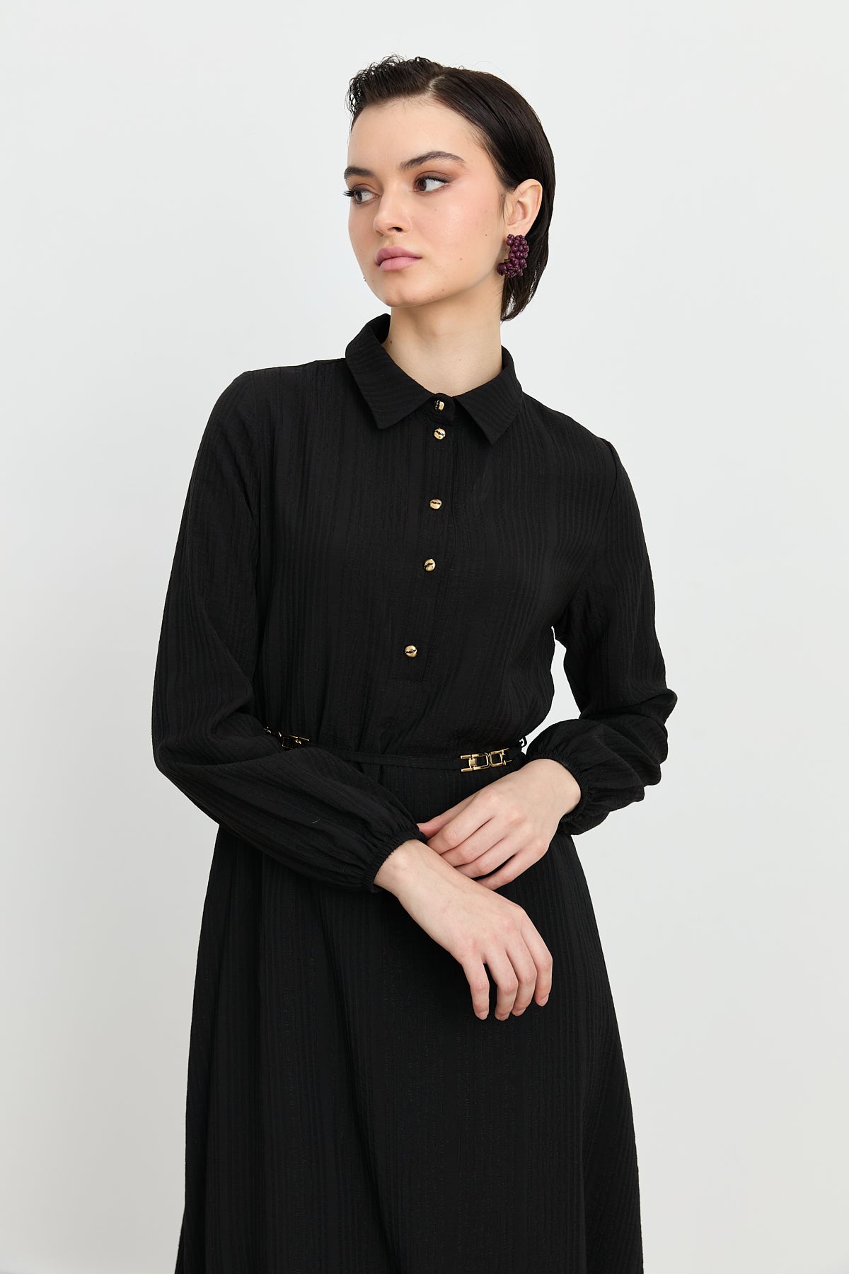 Viscose Collared Dress with Elasticated Cuffs and Front Buttons - Black