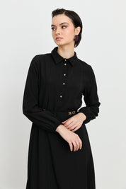 Viscose Collared Dress with Elasticated Cuffs and Front Buttons - Black