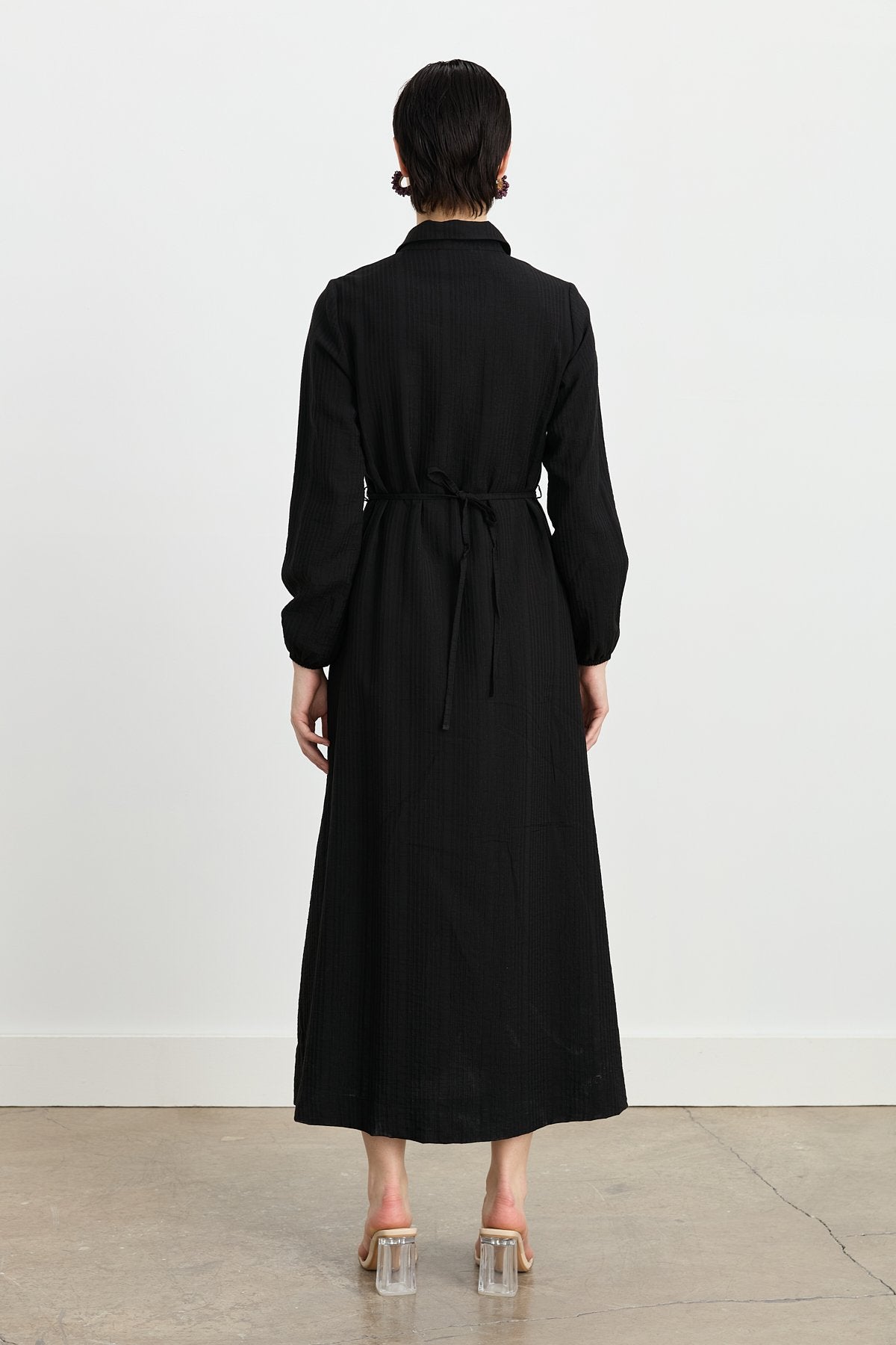 Viscose Collared Dress with Elasticated Cuffs and Front Buttons - Black