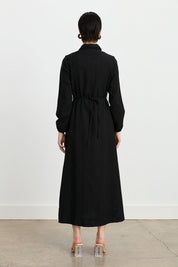 Viscose Collared Dress with Elasticated Cuffs and Front Buttons - Black