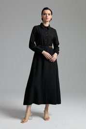 Viscose Collared Dress with Elasticated Cuffs and Front Buttons - Black