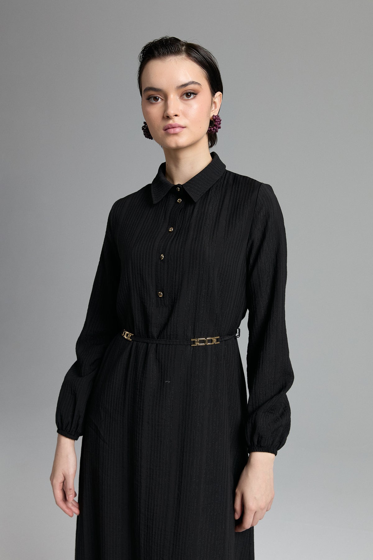 Viscose Collared Dress with Elasticated Cuffs and Front Buttons - Black