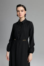 Viscose Collared Dress with Elasticated Cuffs and Front Buttons - Black