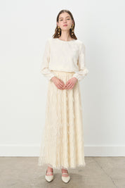 Pearl-Embellished Neckline Knitted Blouse with Elasticated Cuffs - Ecru