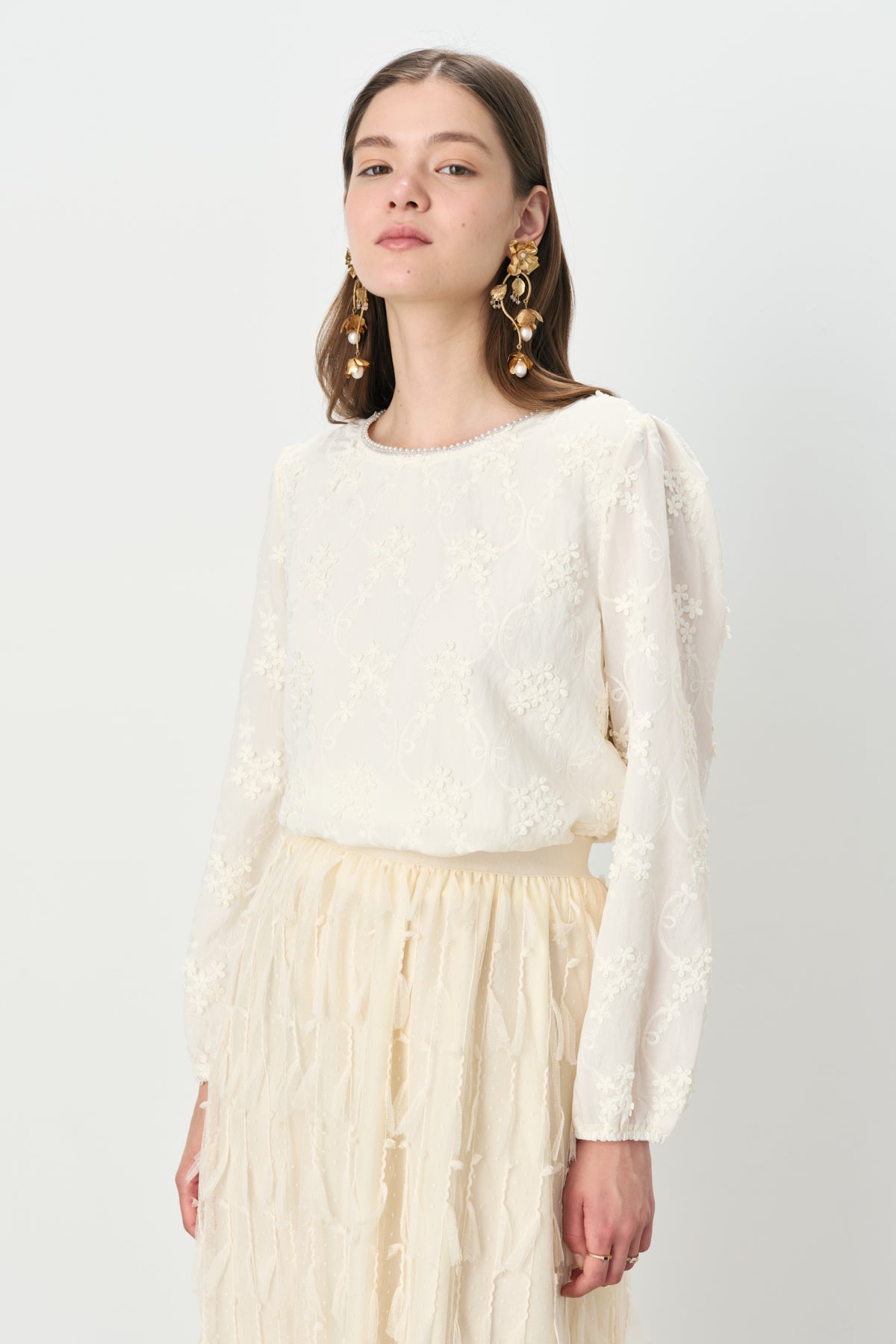 Pearl-Embellished Neckline Knitted Blouse with Elasticated Cuffs - Ecru