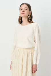 Pearl-Embellished Neckline Knitted Blouse with Elasticated Cuffs - Ecru