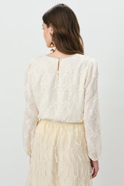 Pearl-Embellished Neckline Knitted Blouse with Elasticated Cuffs - Ecru