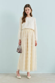 Pearl-Embellished Neckline Knitted Blouse with Elasticated Cuffs - Ecru