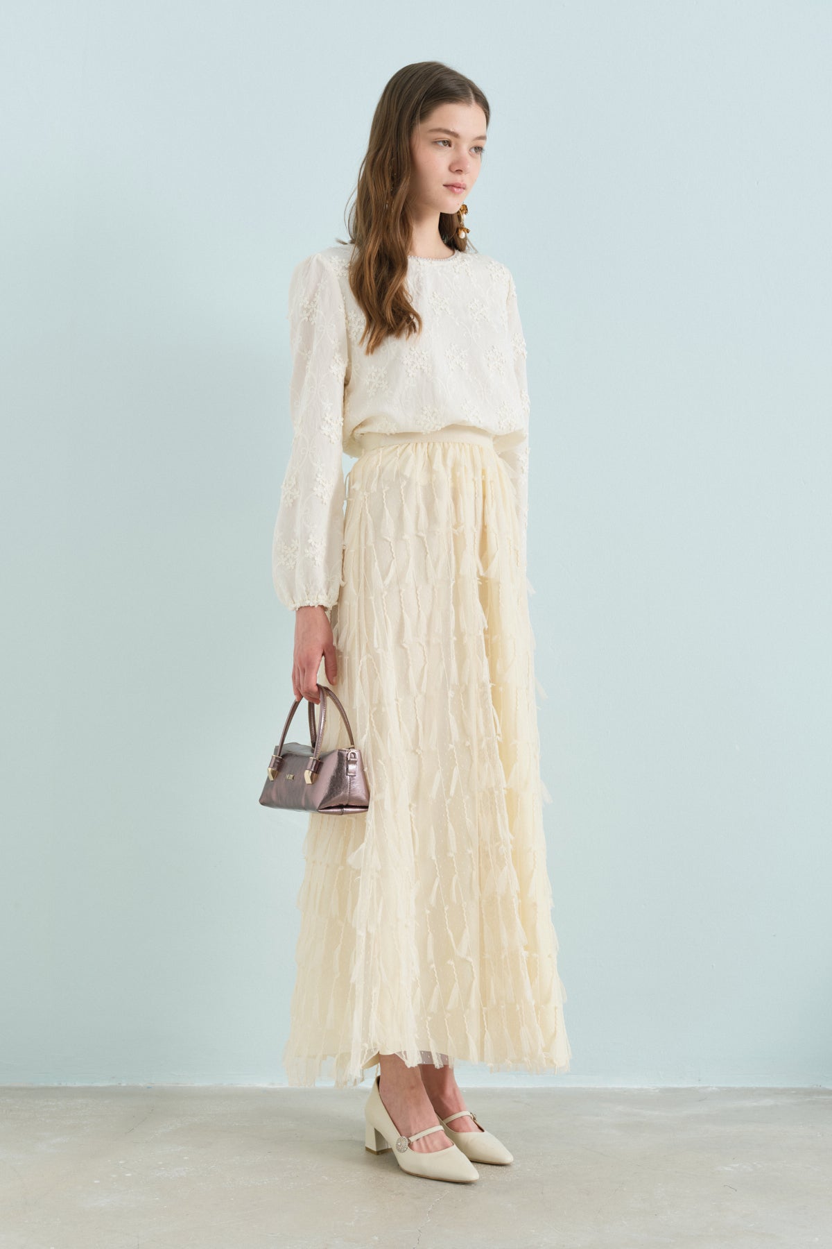 Pearl-Embellished Neckline Knitted Blouse with Elasticated Cuffs - Ecru