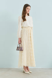 Pearl-Embellished Neckline Knitted Blouse with Elasticated Cuffs - Ecru