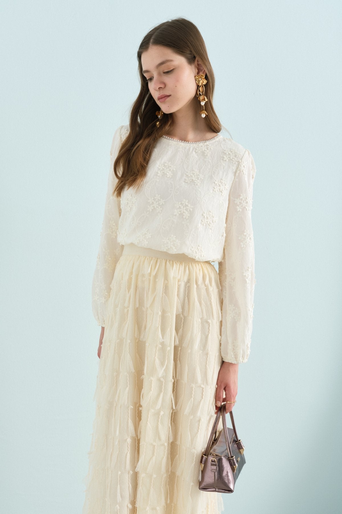 Pearl-Embellished Neckline Knitted Blouse with Elasticated Cuffs - Ecru