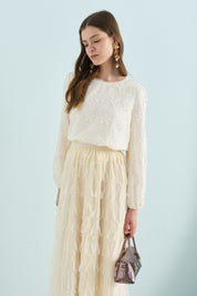 Pearl-Embellished Neckline Knitted Blouse with Elasticated Cuffs - Ecru