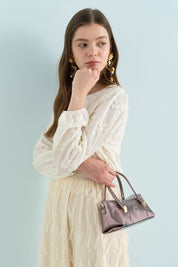 Pearl-Embellished Neckline Knitted Blouse with Elasticated Cuffs - Ecru