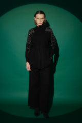 Leopard Print Sequin Ribbed Knit Pants and Tunic Set - Black