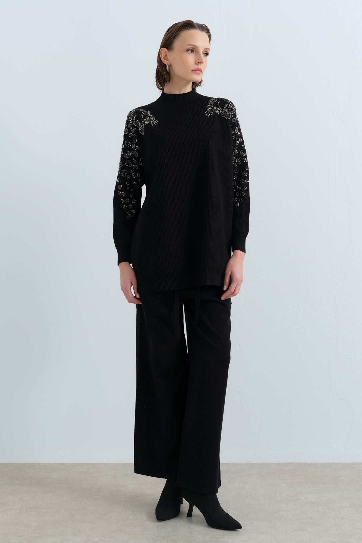 Leopard Print Sequin Ribbed Knit Pants and Tunic Set - Black