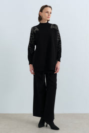 Leopard Print Sequin Ribbed Knit Pants and Tunic Set - Black