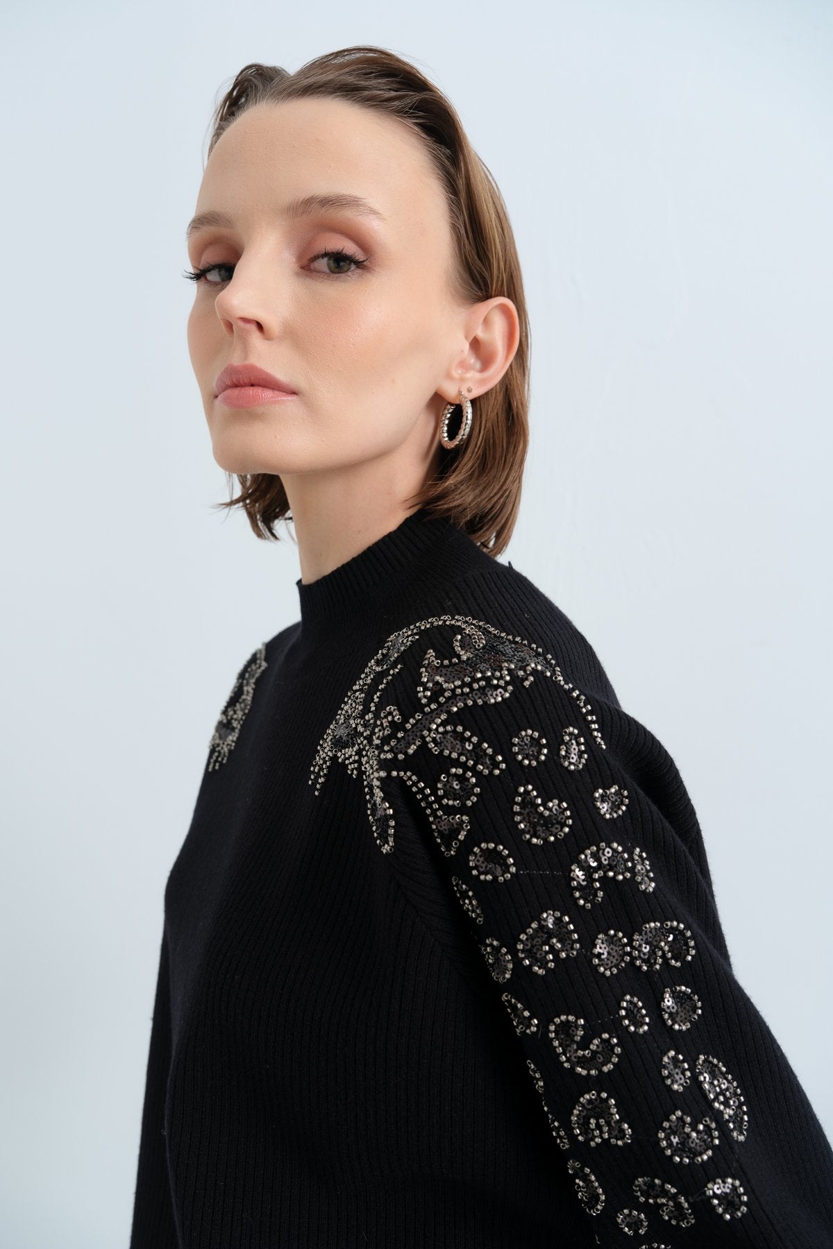 Leopard Print Sequin Ribbed Knit Pants and Tunic Set - Black