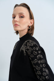 Leopard Print Sequin Ribbed Knit Pants and Tunic Set - Black