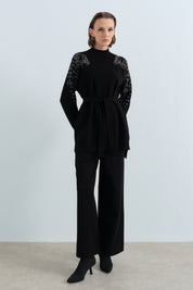 Leopard Print Sequin Ribbed Knit Pants and Tunic Set - Black