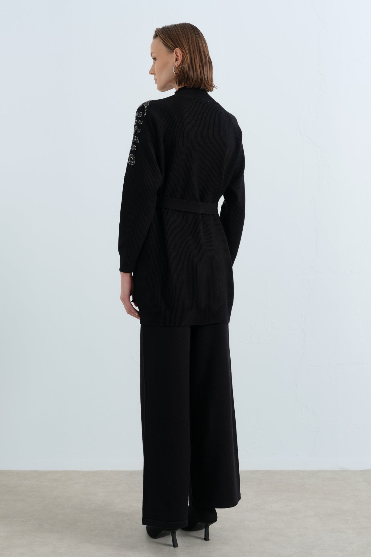 Leopard Print Sequin Ribbed Knit Pants and Tunic Set - Black