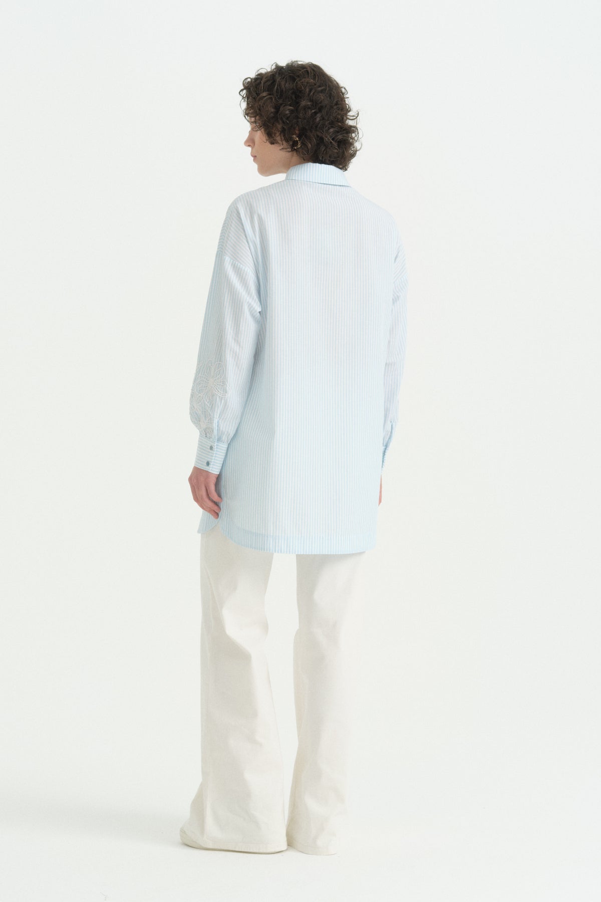 Kolları Nakışlı Çizgili Pamuk Tunik - Aqua