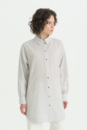Kolları Nakışlı Çizgili Pamuk Tunik - Gri