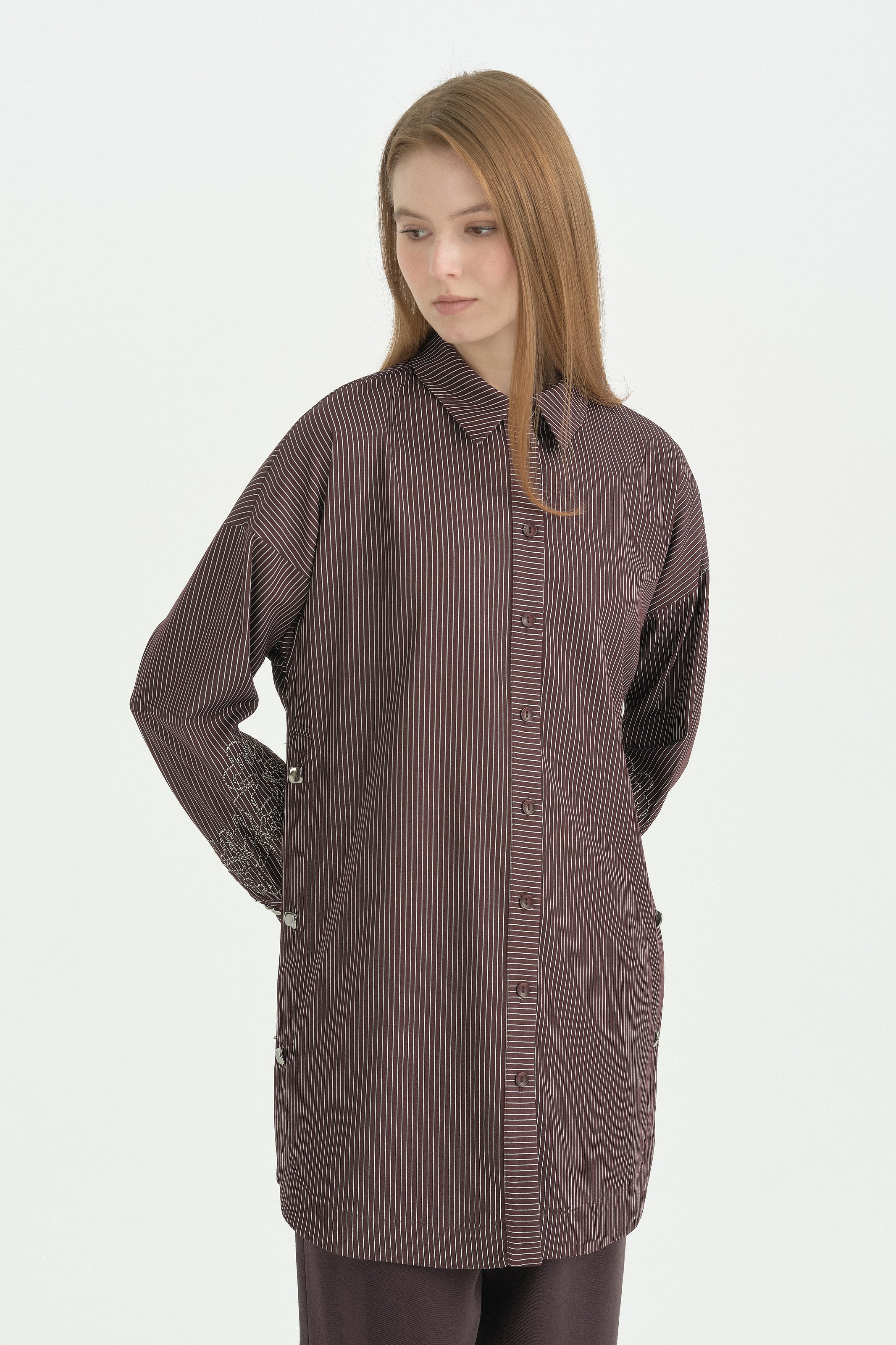 Kolları Nakışlı Çizgili Tunik - Mürdüm
