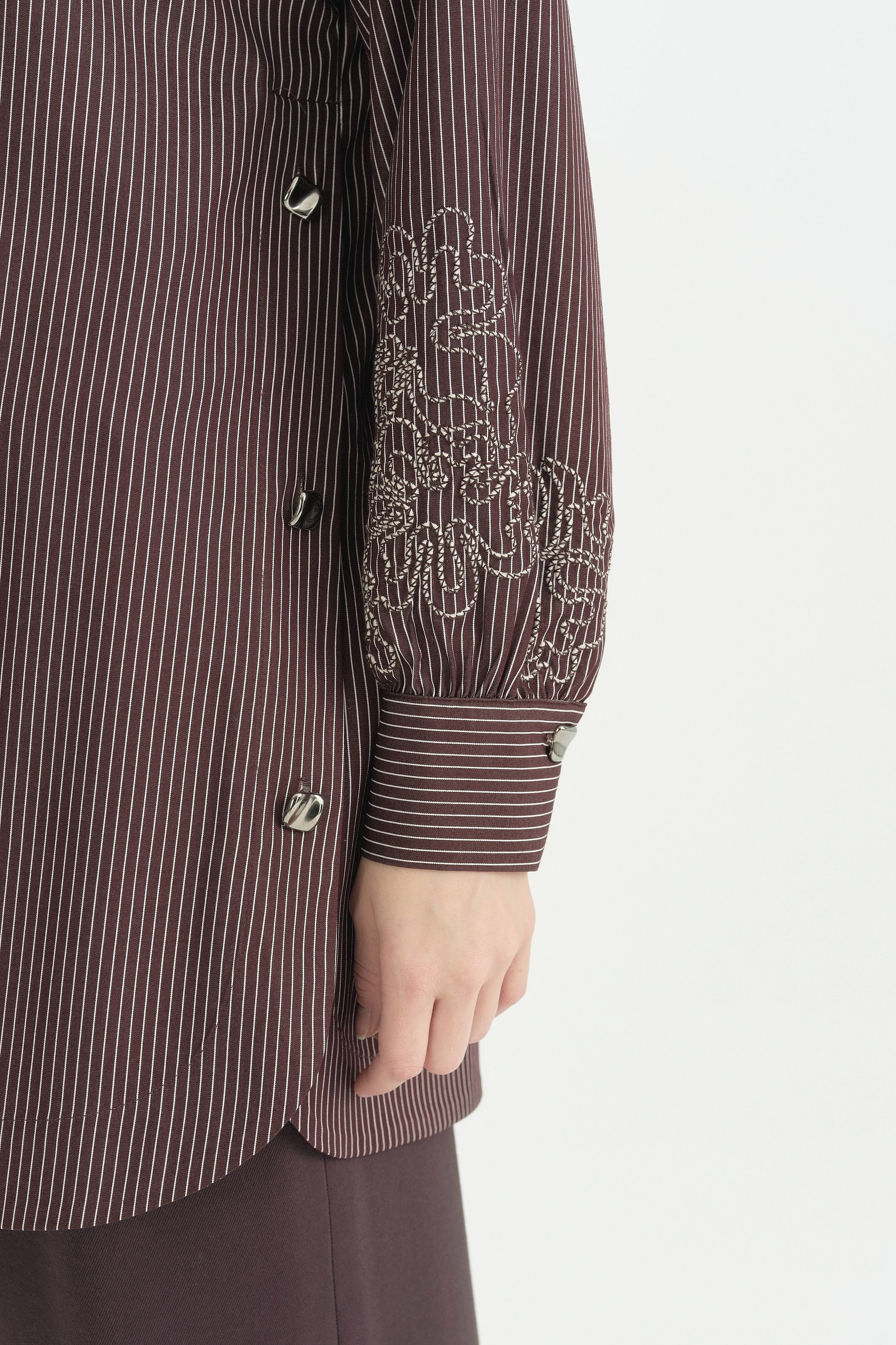 Kolları Nakışlı Çizgili Tunik - Mürdüm