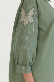 Kolları Nakışlı Taşlı Tunik - Haki