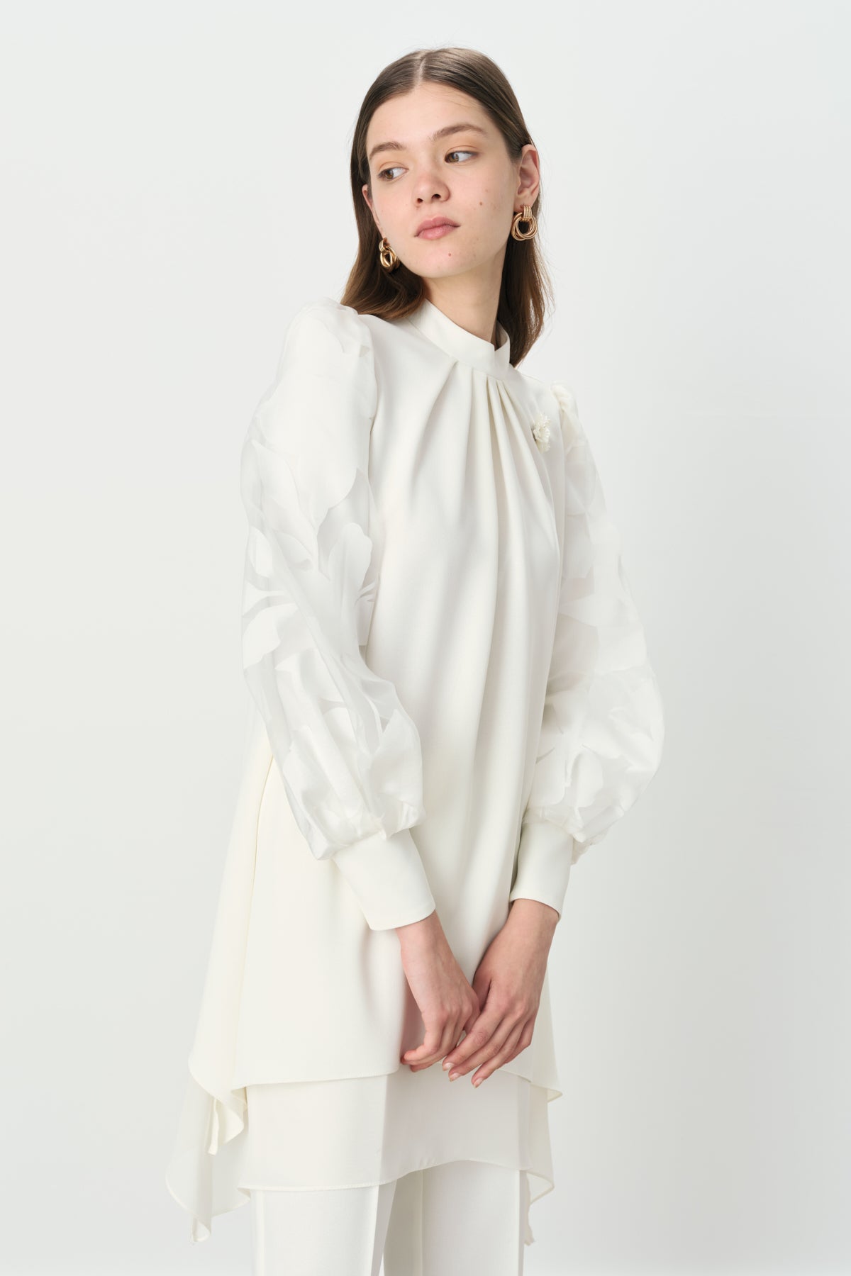 Organza Sleeved Pants and Tunic Set - Ecru