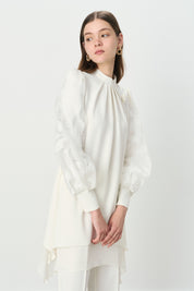 Organza Sleeved Pants and Tunic Set - Ecru