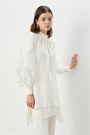 Organza Sleeved Pants and Tunic Set - Ecru