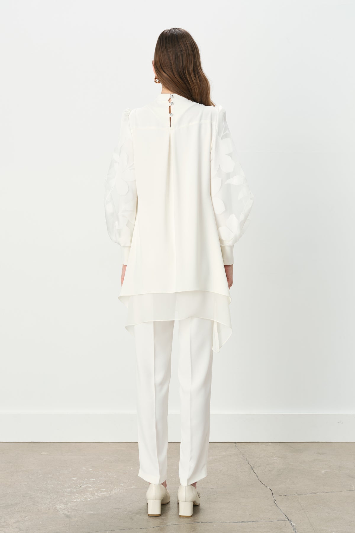 Organza Sleeved Pants and Tunic Set - Ecru