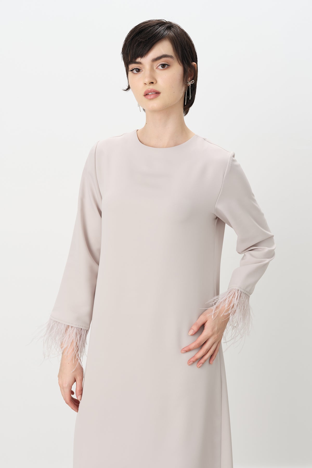 Elegant Dress with Ostrich Feather Sleeves - Stone