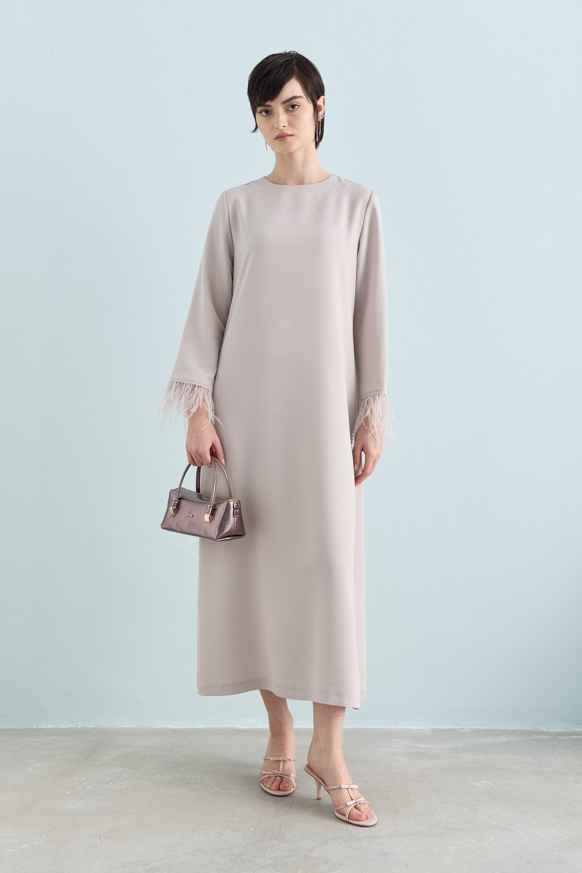 Elegant Dress with Ostrich Feather Sleeves - Stone