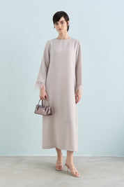 Elegant Dress with Ostrich Feather Sleeves - Stone