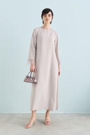 Elegant Dress with Ostrich Feather Sleeves - Stone