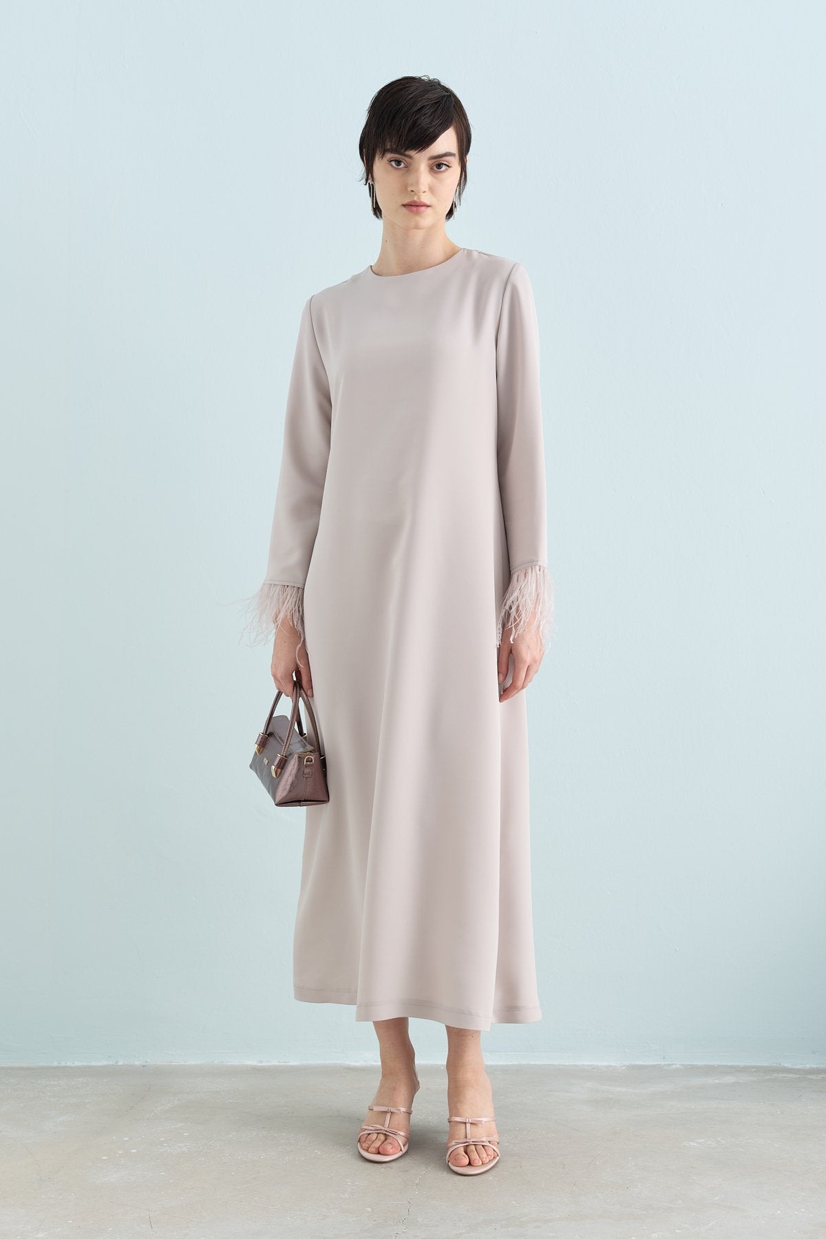 Elegant Dress with Ostrich Feather Sleeves - Stone