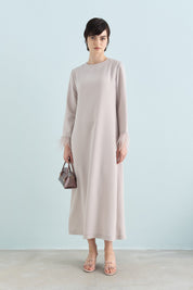 Elegant Dress with Ostrich Feather Sleeves - Stone