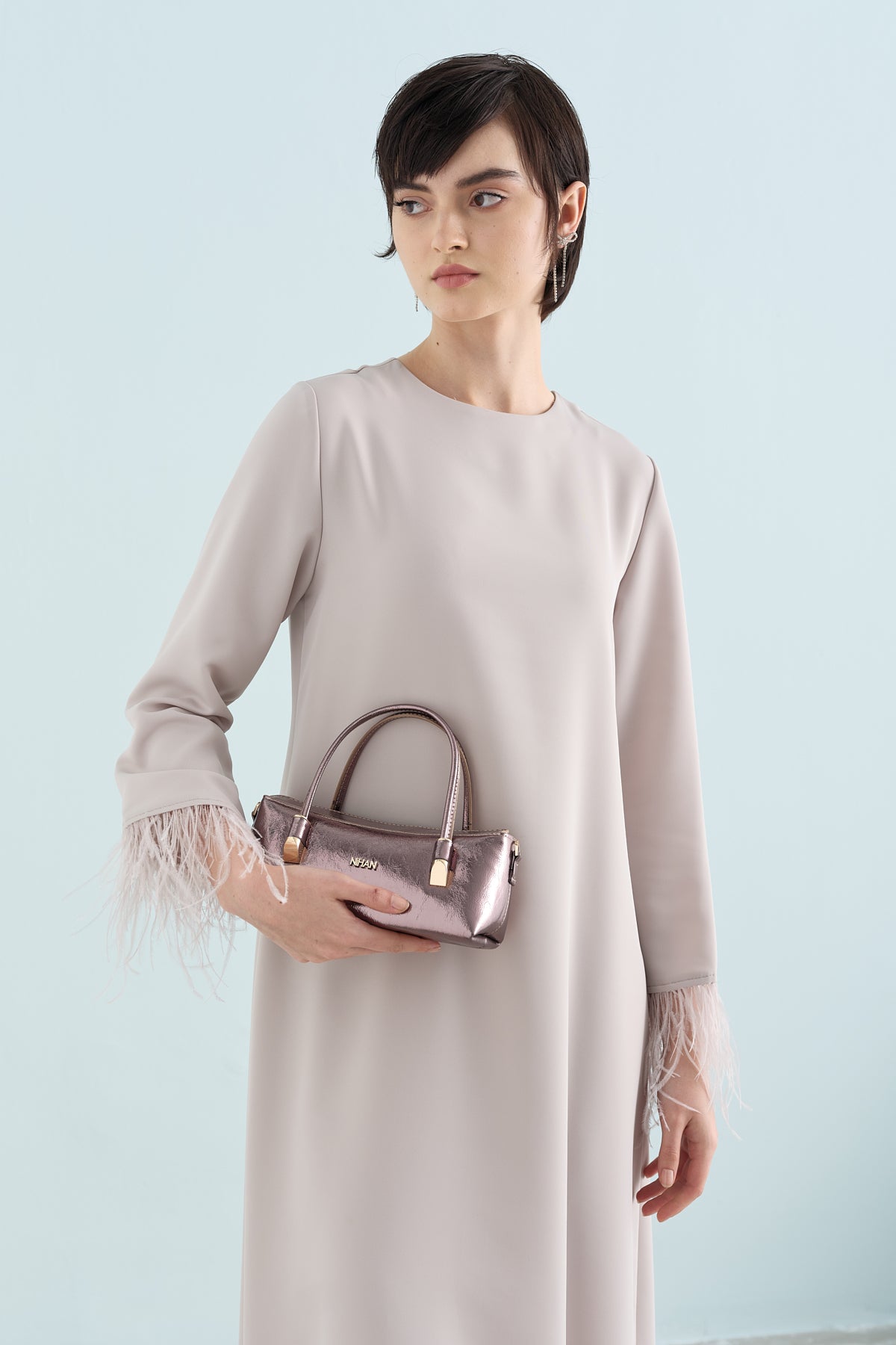 Elegant Dress with Ostrich Feather Sleeves - Stone