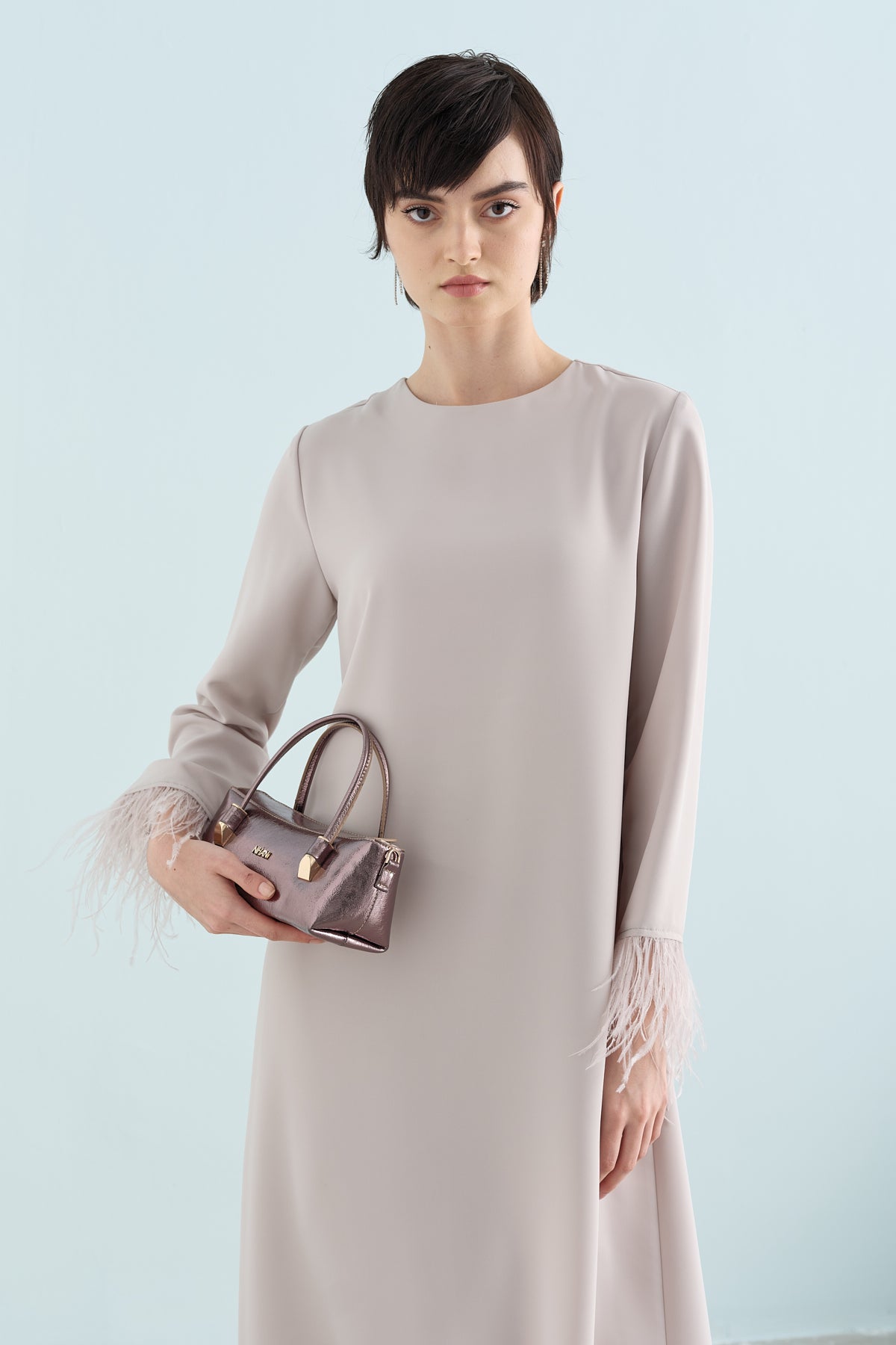 Elegant Dress with Ostrich Feather Sleeves - Stone