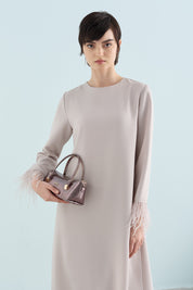 Elegant Dress with Ostrich Feather Sleeves - Stone