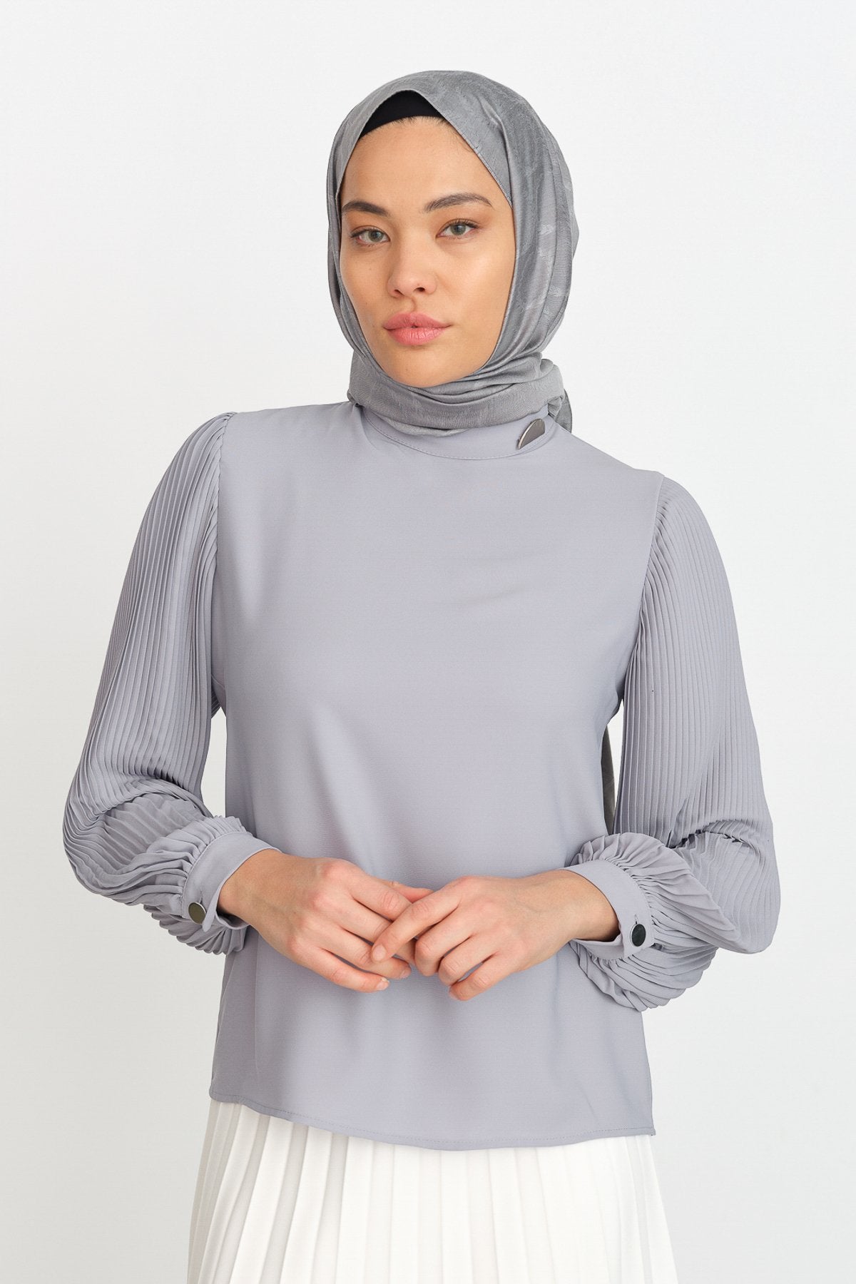 Pleated Sleeve Blouse - Grey