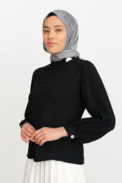 Pleated Sleeve Blouse - Black